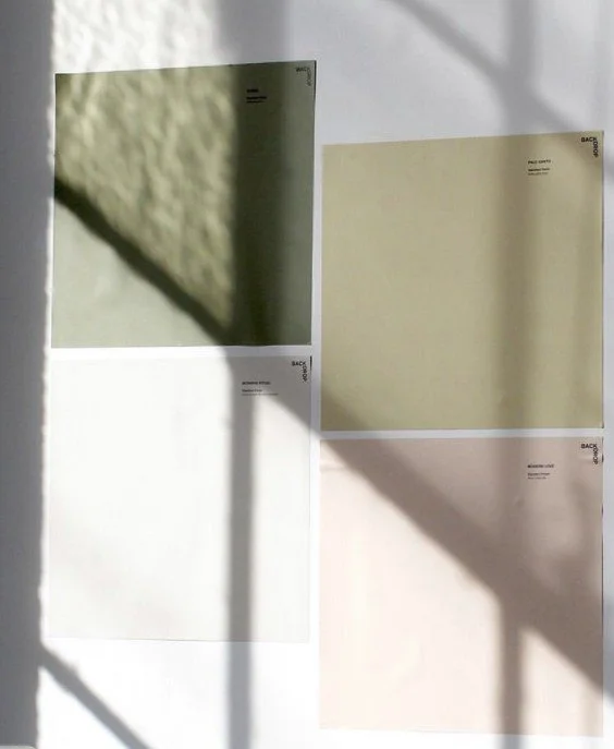 Four large paint swatches mounted on a wall with sunlight casting shadows — showing how colour shifts in natural light