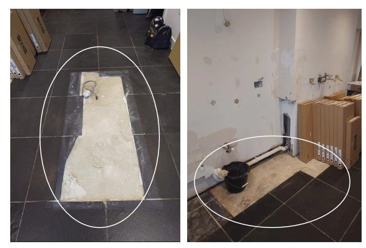 Detail from Henslow Mews kitchen renovation — exposed concrete where tiles were missing beneath removed base units, showing the need for design correction.