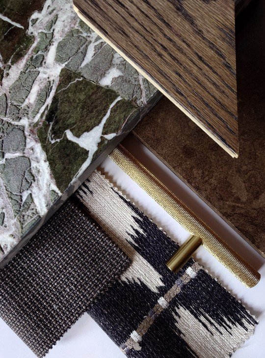 Sample board showcasing materials for the project, highlighting the clarity, texture and cohesive combination achieved through curated material selection.