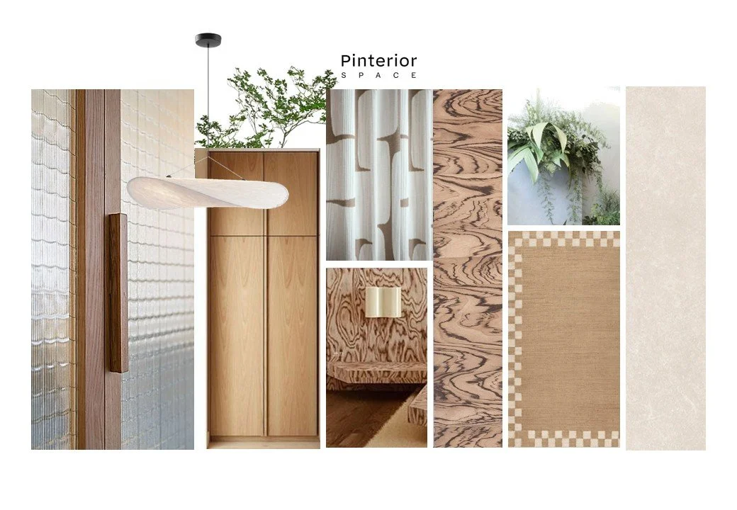 Concept board for the Shelford project, featuring Scandinavian and Nordic textures, natural materials, and modern design elements