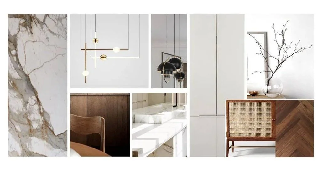 Concept design collage for a bespoke Cambridge interior, featuring Japandi-inspired materials, lighting, and architectural textures.