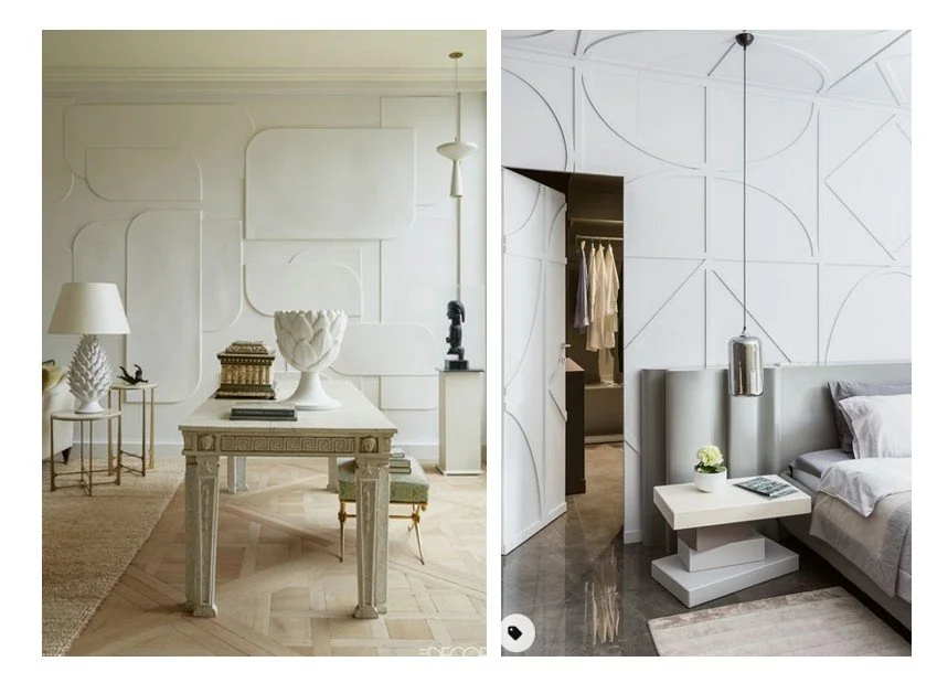 Collage of sculptural wall designs showing classical and modern geometric paneling in elegant bedroom interiors.
