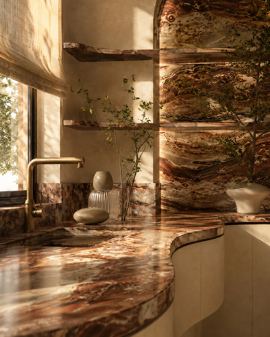 Natural light washes across richly veined stone surfaces in this bespoke kitchen concept for a Greece apartment. Sculptural forms, integrated shelving and warm material tones work together to create a space that feels both functional and atmospheric,