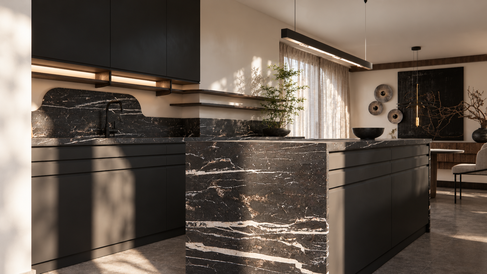 An architectural view of the contemporary kitchen design by Pinterior.space for Henslow Mews, Cambridge CB2. A striking black stone waterfall island with expressive white veining creates a strong focal point, complemented by matte cabinetry, slim flo