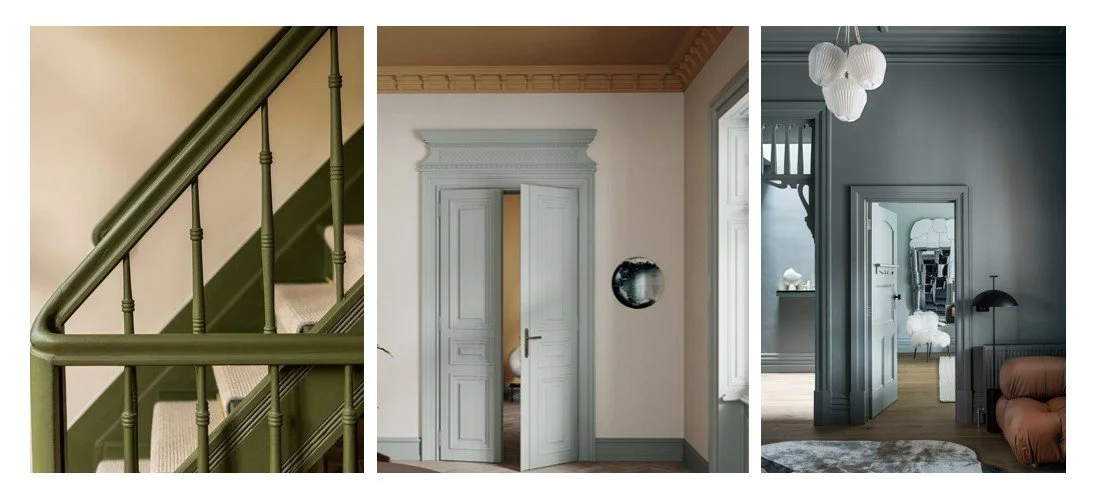 “Collage of three interiors showing painted staircases, doors, and walls in muted green and teal tones — illustrating how colour enhances skirting, architraves, and ceilings.”