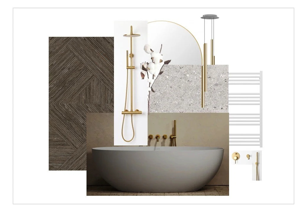 Gamlingay family bathroom concept board featuring freestanding tub, gold fixtures, stone textures, and dark wood — a modern blend of Nordic clarity and tactile warmth