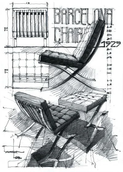 Sketch of the 1929 Barcelona Chair by Mies van der Rohe and Lilly Reich, showing iconic modernist design