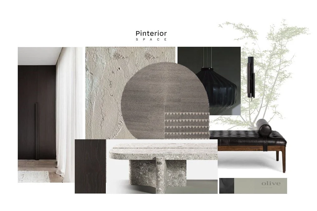 Japanese Nordic interior design concept board — masculine textures, sculptural furniture, and contemporary Greenwich styling