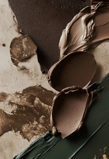 “Close-up of earthy colour swatches in brown, taupe, beige, and deep green with textured brush and spatula strokes — a tactile study in tone and finish.