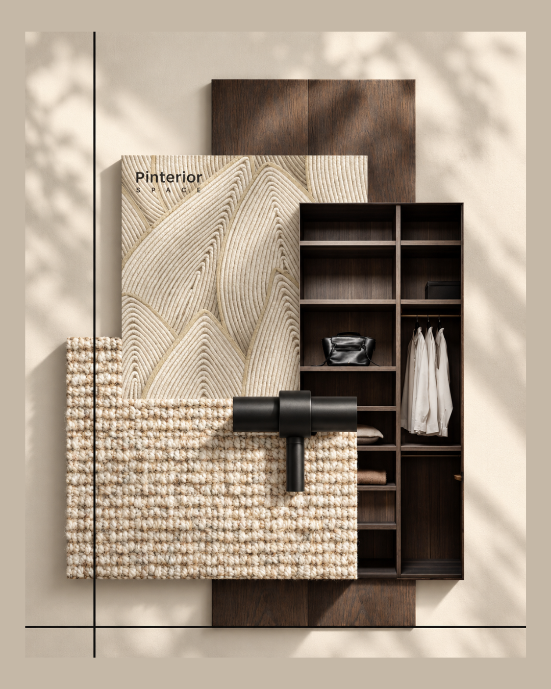 A material and design composition by Pinterior.space for the Water Lane residential project in Cambridge. Rich timber tones, tactile neutral textiles and understated black hardware illustrate the relationship between materials, texture and bespoke jo