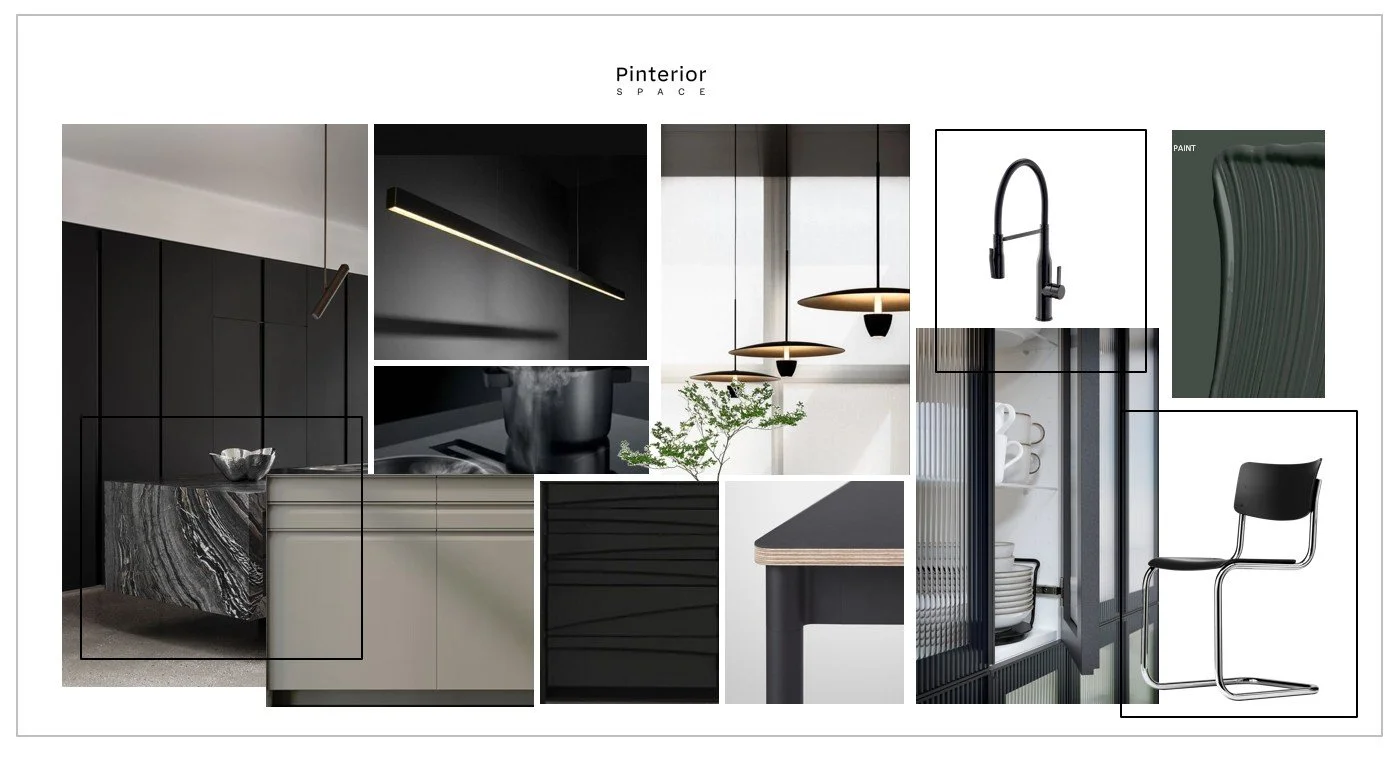 Concept board for Cambridge kitchen design — matte black textures, warm lighting, and minimalist detailing.