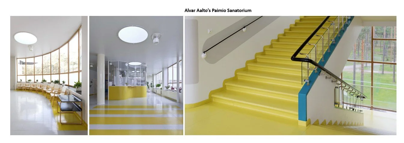 Triptych of interior views from Alvar Aalto’s Paimio Sanatorium, showing curved waiting room, yellow reception area, and sculptural staircase.