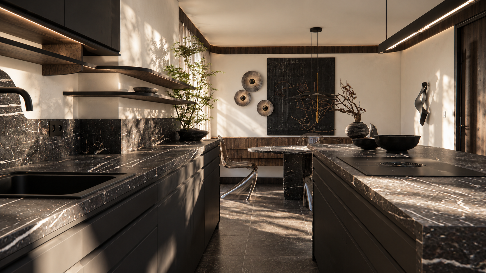 A contemporary kitchen and dining design visualisation by Pinterior.space for the Henslow Mews project in Cambridge CB2. Dark veined stone surfaces and minimalist cabinetry establish a strong architectural rhythm, leading towards an intimate dining a