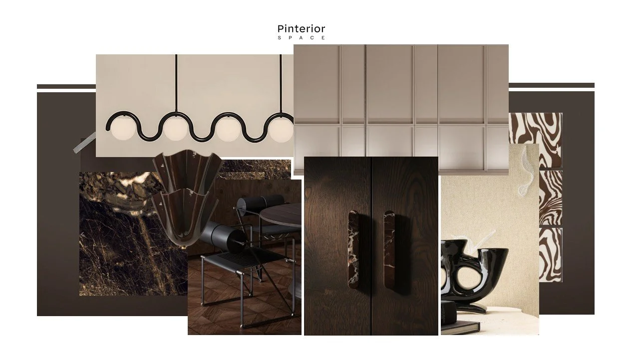 Concept board for a contemporary modern South Cambridgeshire kitchen with warm natural materials and a masculine, modern palette