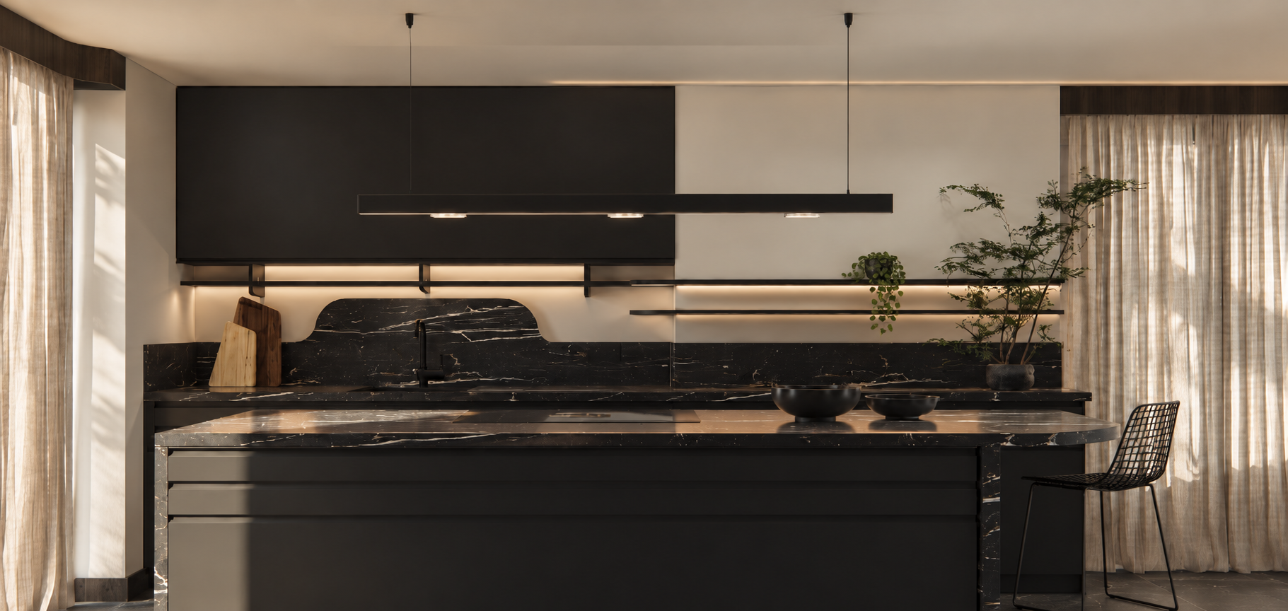A digitally enhanced kitchen design visualisation by Pinterior.space for the Henslow Mews residential project in Cambridge CB2. Dramatic black veined stone, minimalist cabinetry and a sculpted splashback create a strong architectural composition. Sli
