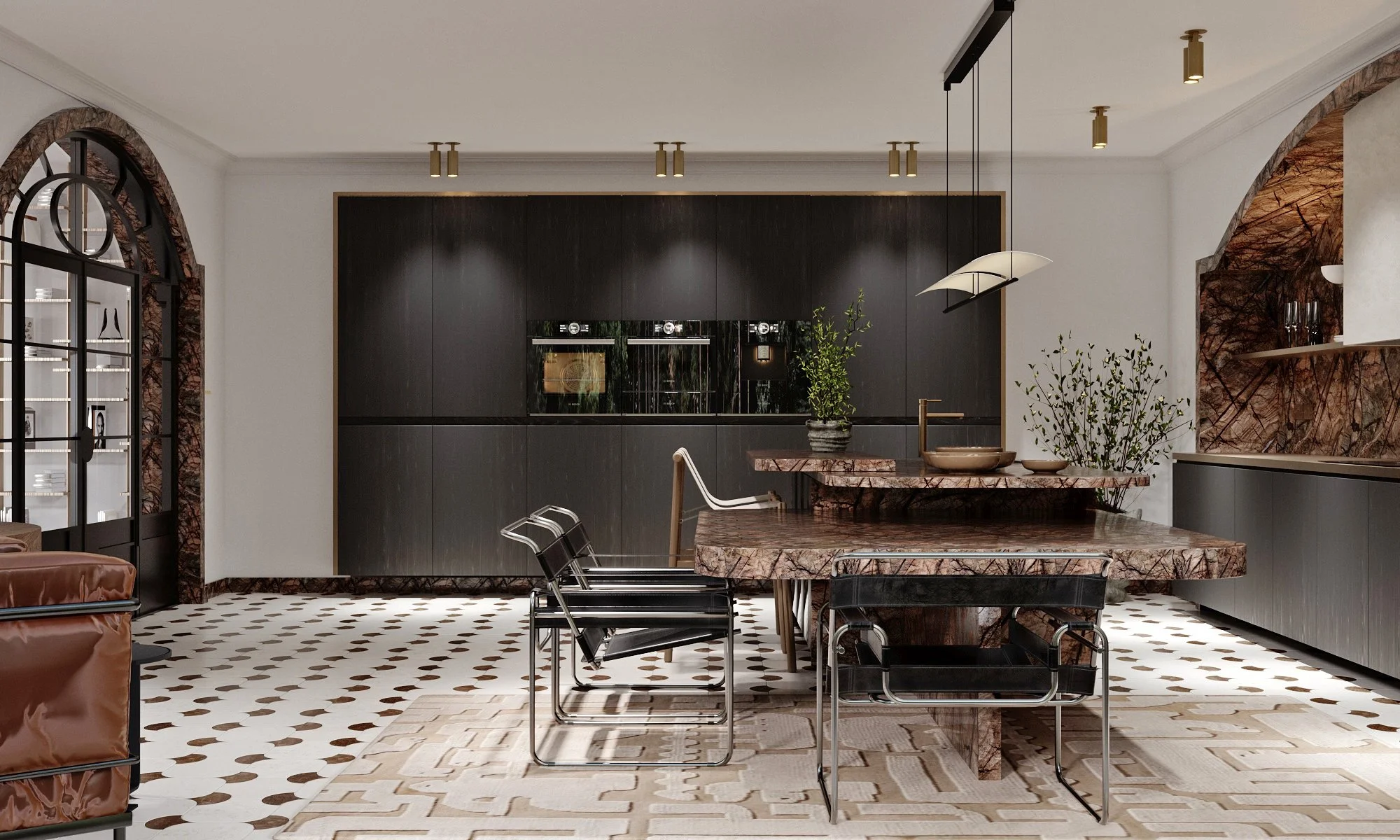Modern kitchen with open and closed storage, featuring a marble island, dark wood cabinetry and integrated appliances, used as an example of balanced storage design.