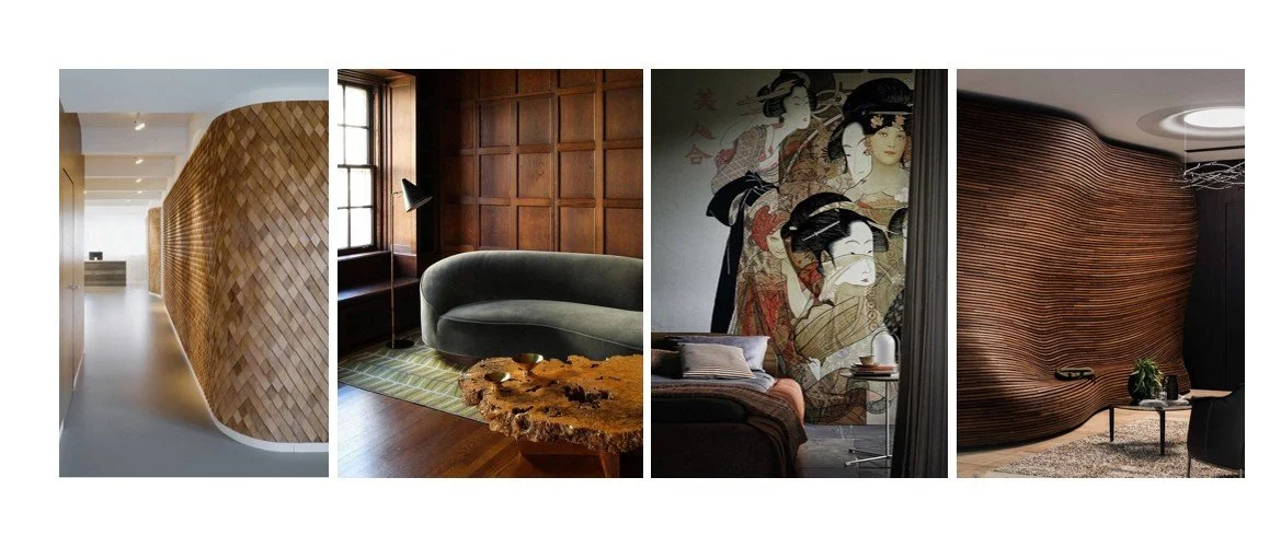 Collage of interior design materials showing wood textures, wall treatments, murals, and sculptural surfaces.