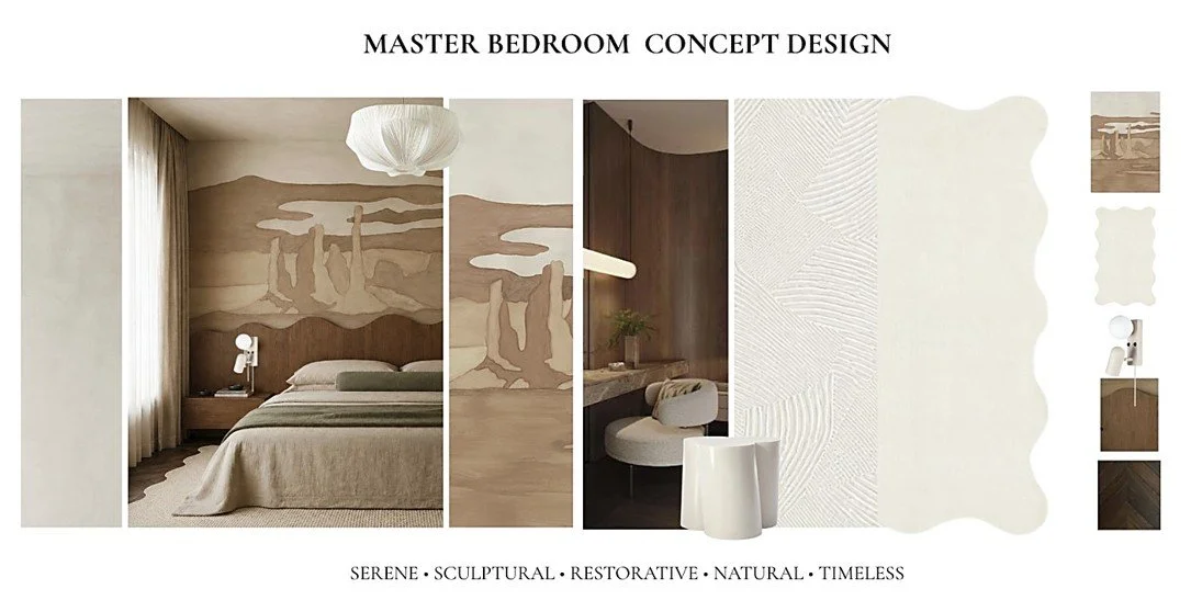 Serene sculptural master bedroom concept design by Pinterior Space featuring warm timber, soft neutral textiles, organic forms and natural materials.