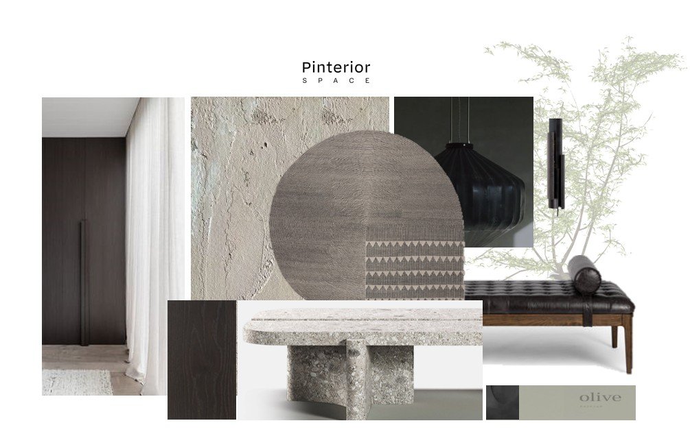 Interior design concept board detail for a Greenwich apartment featuring concrete textures, dark wood, olive accents, and sculptural furniture — curated by Pinterior SPACE to evoke masculine warmth and visual calm.