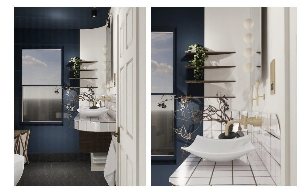 Contemporary bathroom design in London with a sculptural sink, deep blue wall, brass fittings and floating timber shelves