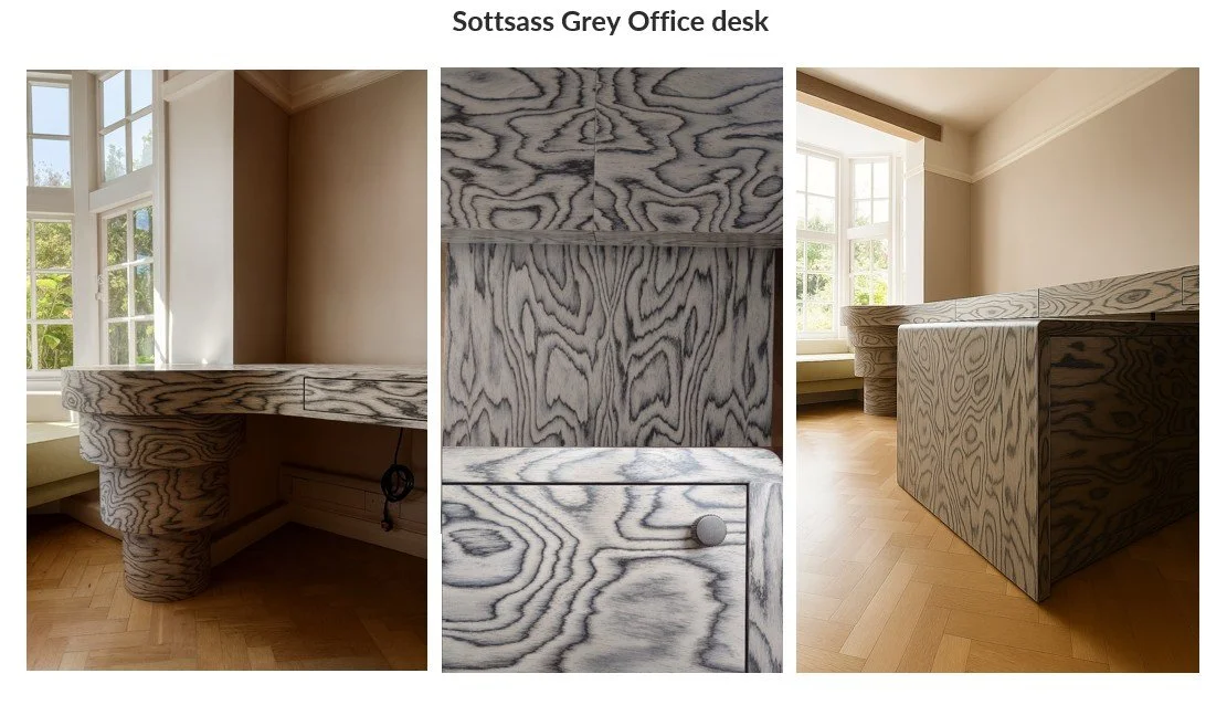 Bespoke 5‑metre desk installed on site, featuring sculptural wood grain, cylindrical support, stepped leg, and integrated storage, designed to fit a long, awkward room