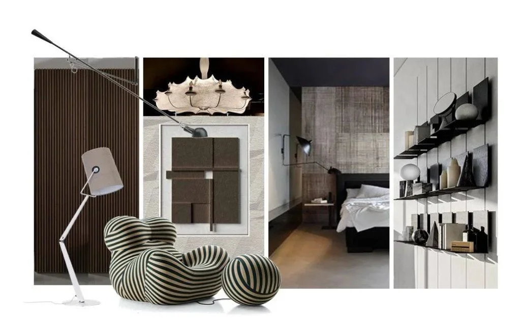 This concept board explores a moody masculine modern style, blending contemporary and sculptural lighting with bold textures and darker finishes.