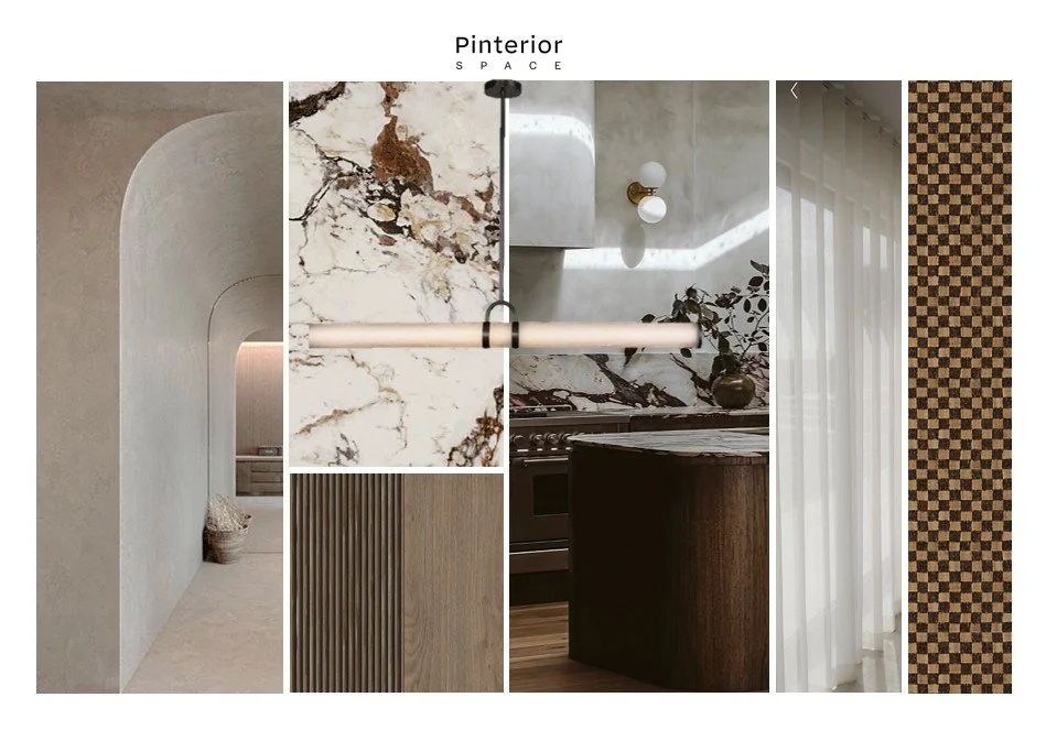 Japandi kitchen concept board blending Scandinavian modern textures, soft light, and architectural calm in Welwyn Garden City.