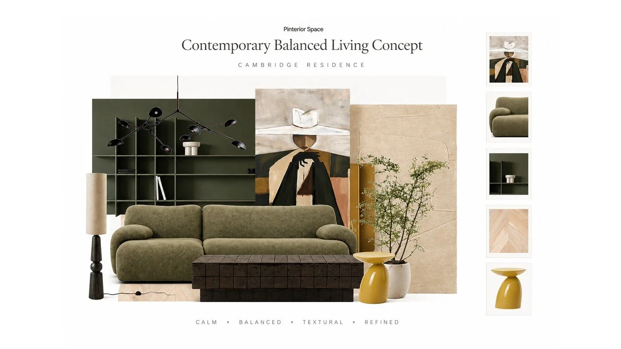 Contemporary living room concept design in Cambridge featuring olive green sofa, wood textures, sculptural lighting and balanced neutral palette