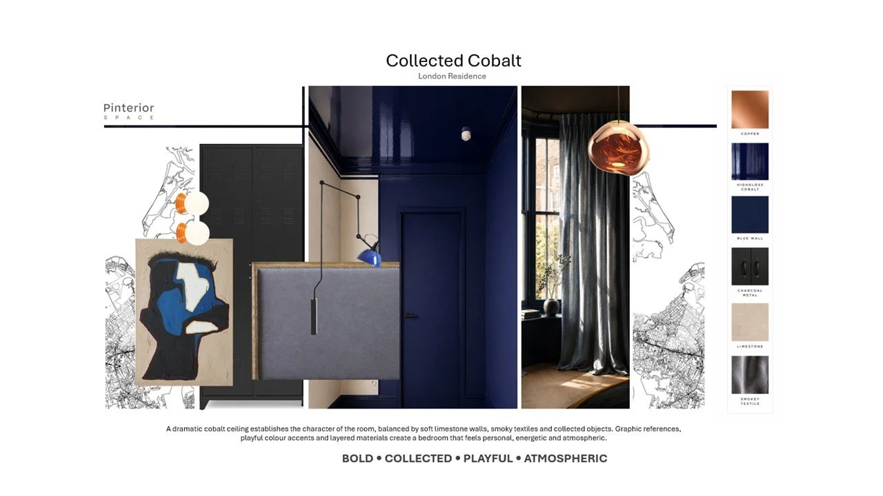 Contemporary bedroom concept board by Pinterior.space featuring a high-gloss cobalt ceiling, limestone walls, copper lighting and layered materials for a bold London residence.
