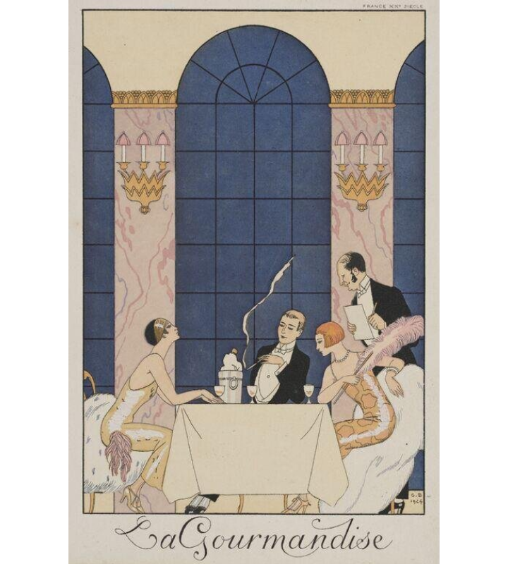 Art Deco pochoir print “La Gourmandise” by George Barbier (1925), showing an elegant dining scene with stylised figures and luxurious 1920s interior details. Victoria and Albert Museum.