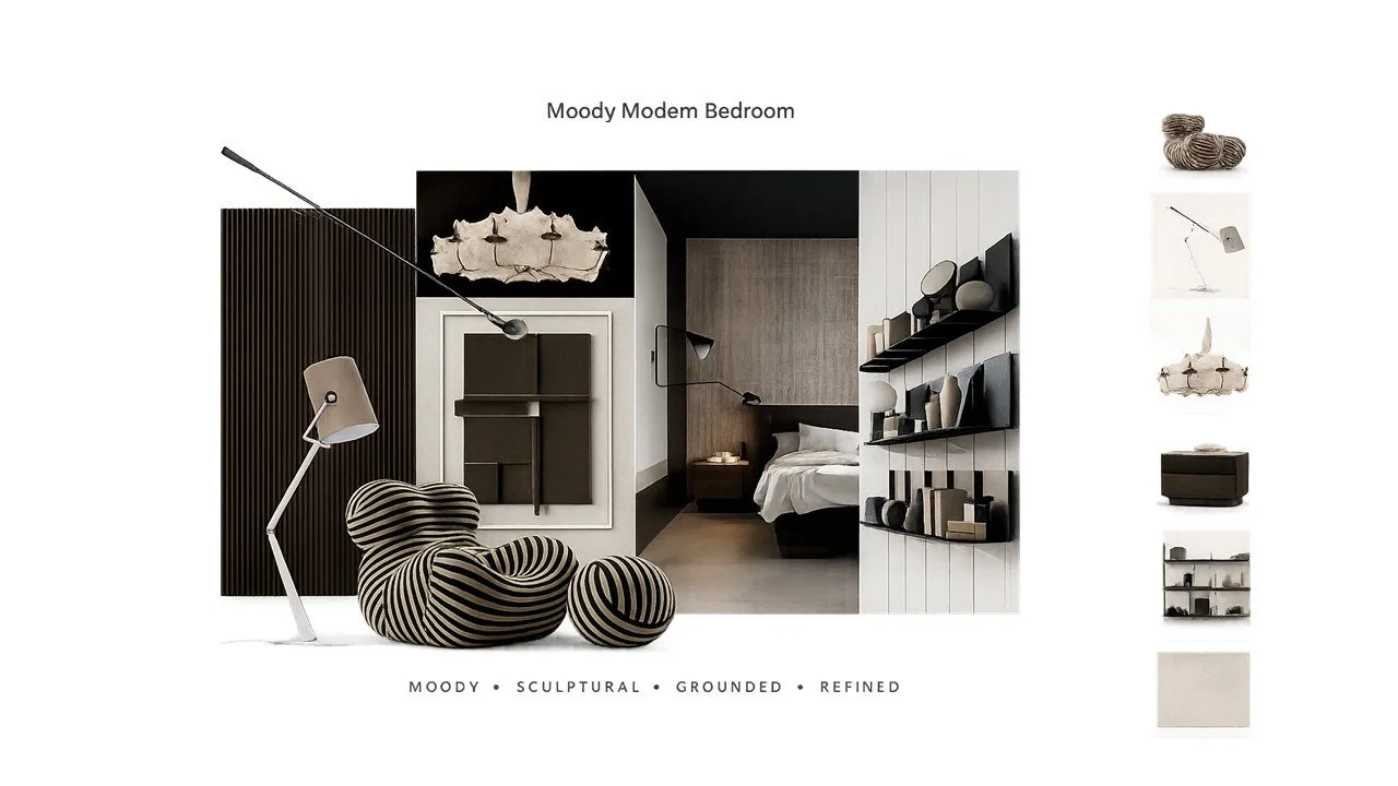 Moody modern bedroom interior design concept with sculptural lighting, dark wood textures and refined furniture for a contemporary home