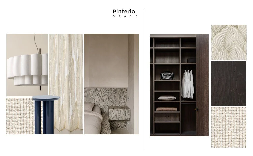 Cambridge interior design concept board — light Nordic modern master bedroom with bespoke headboard and walk-in wardrobe.
