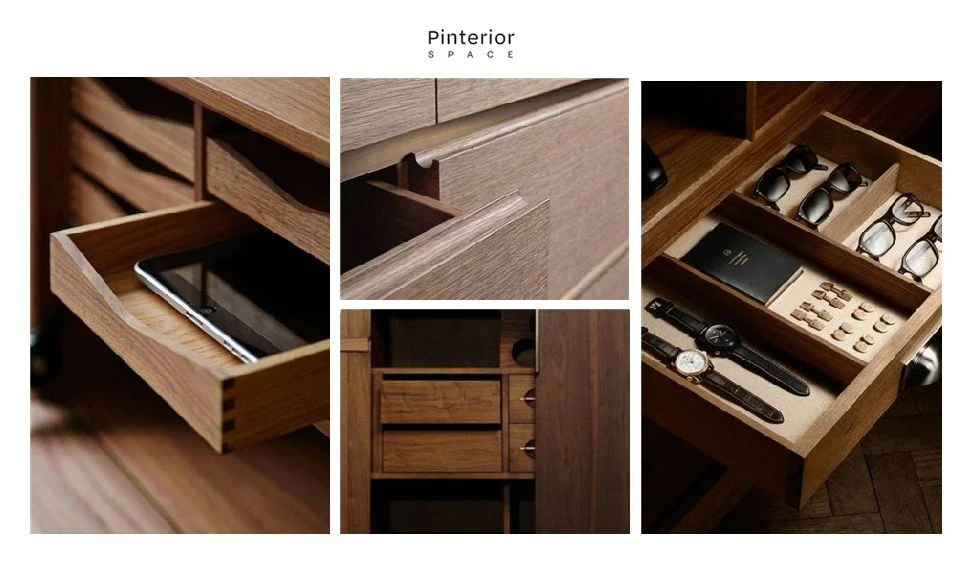 Collage of bespoke joinery details showing wooden drawers, internal organisation and craftsmanship, used as inspiration for high‑quality storage design.