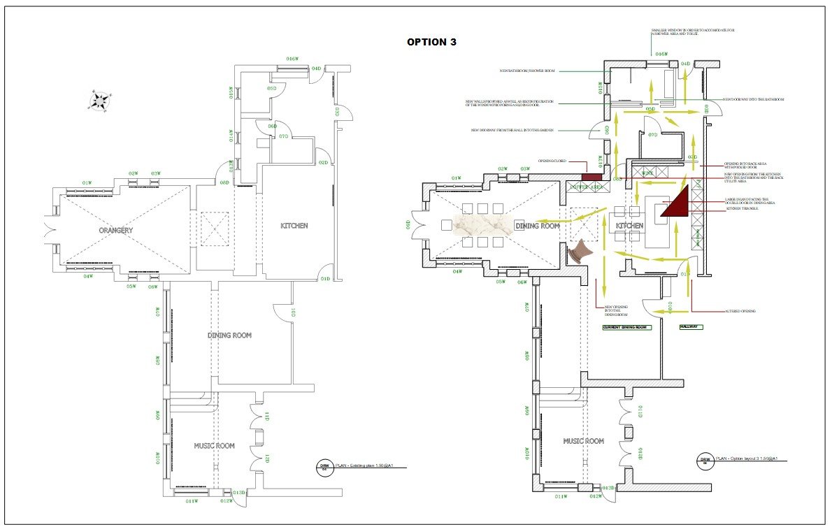Final open‑plan layout showing circulation and zoning in a Cambridge home, with revised kitchen, dining, orangery, and music room configuration