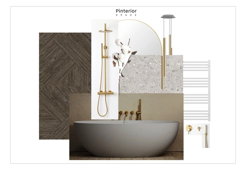 Bathroom concept board featuring matte tub, gold fixtures, stone textures, and dark wood — a Nordic-modern palette of quiet luxury