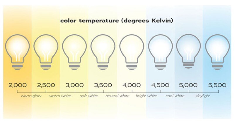 Visual chart showing eight light bulbs with different colour temperatures from warm glow to daylight