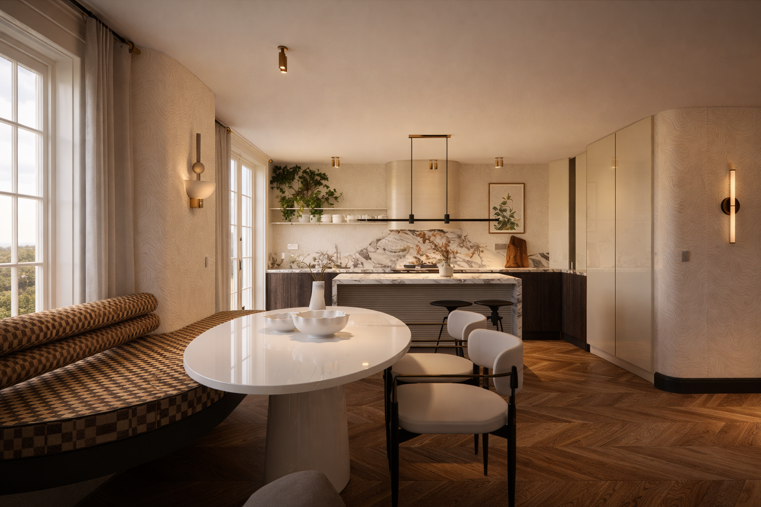 Calm, modern kitchen and dining interior featuring bespoke joinery, natural materials and soft architectural rhythm — reflecting the balance of heritage and contemporary design in Welwyn Garden City and Cambridge homes.