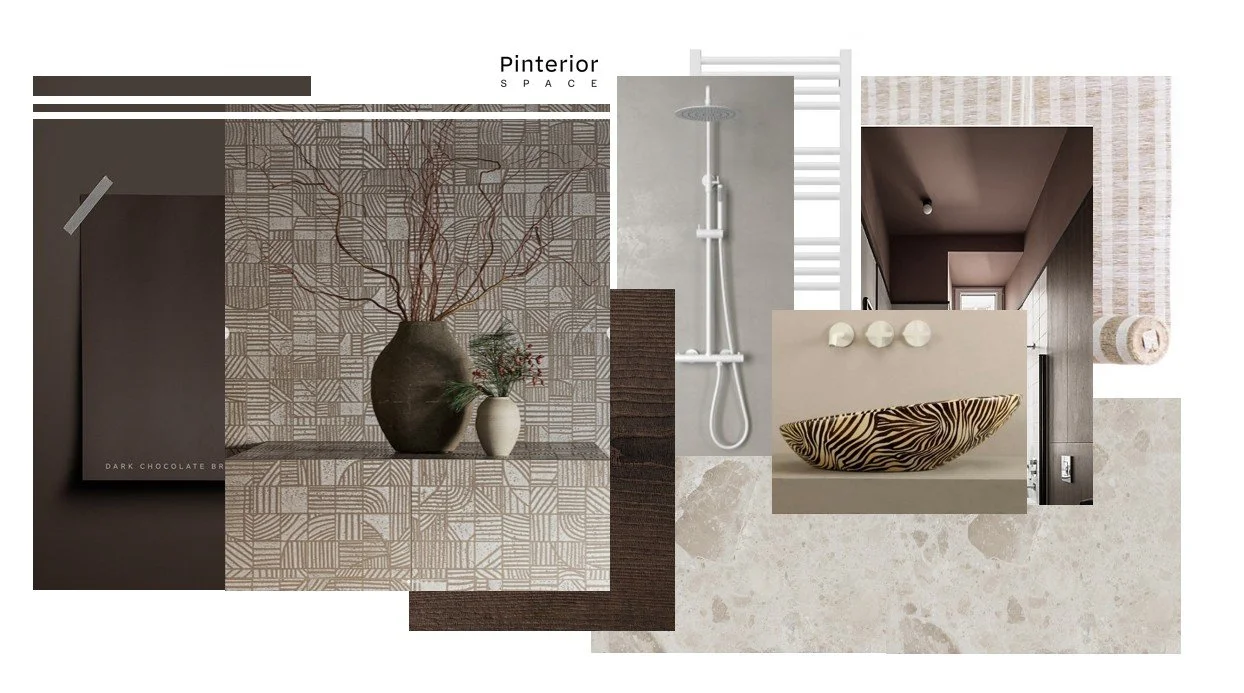 Concept board for a contemporary modern Nordic–Japanese London bathroom, featuring warm textures, dark chocolate patterned tiles, sculptural fixtures, natural stone surfaces, and a calm, earthy material palette.