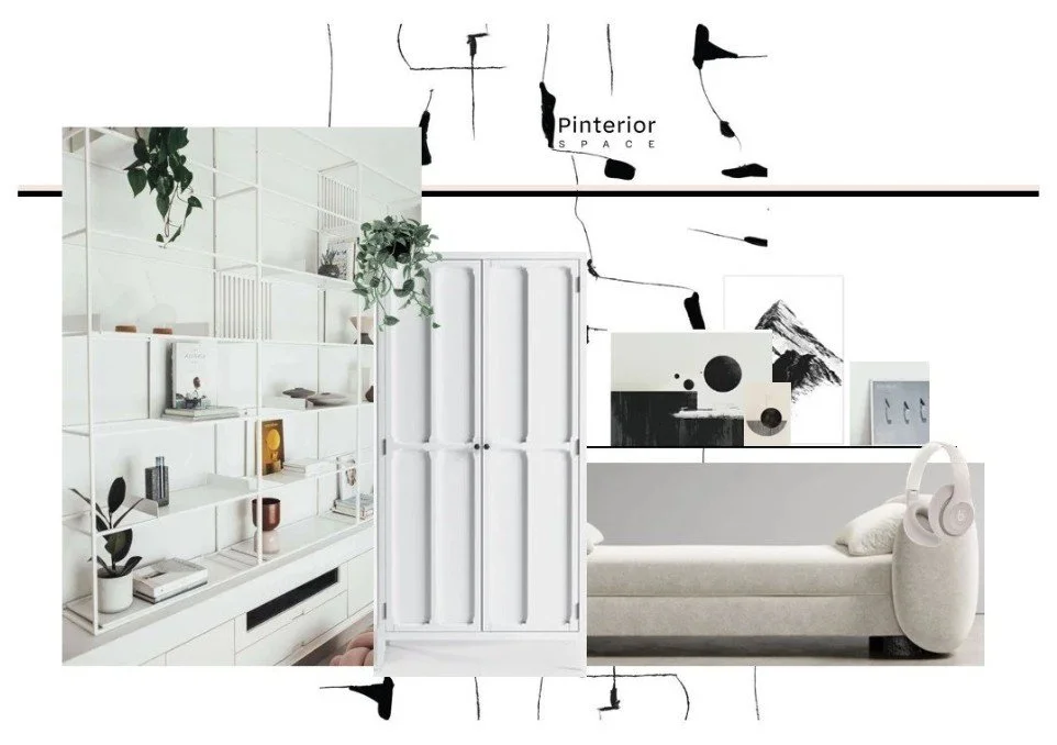 Light Scandinavian modern teen bedroom concept board with minimalist furniture, tonal layering, and curated styling — Cambridge Water Lane project.