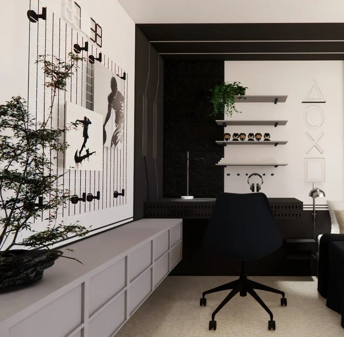 Teen bedroom study zone with floating shelves, gaming symbols, monochrome palette, and sculptural accents