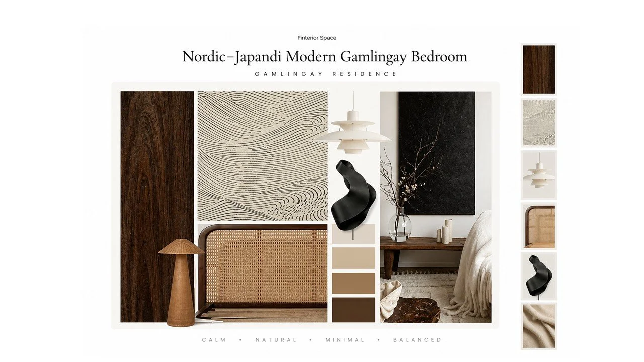 Nordic Japandi modern bedroom design concept in Gamlingay featuring natural wood textures, woven materials, sculptural lighting and soft neutral tones.