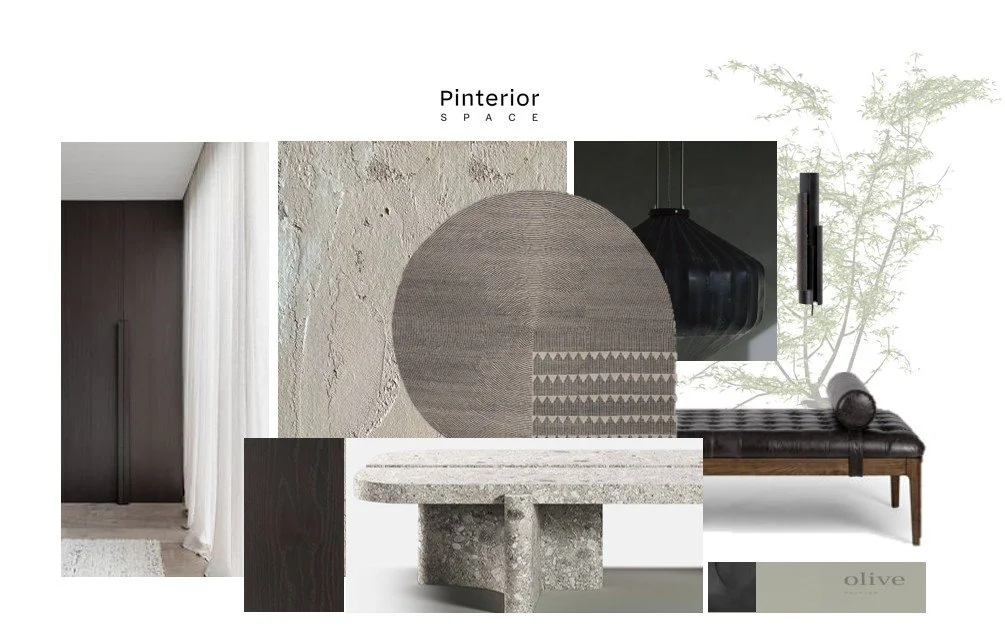 Nordic–Japanese masculine kitchen concept board for Greenwich home with sculptural furniture and concrete textures