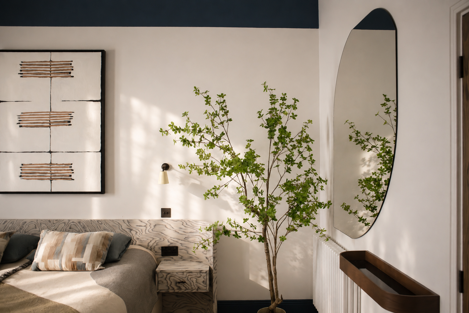 Bedroom detail in a Cambridge Water Lane new‑build renovation, featuring a bespoke wood‑veneer headboard, a custom curved mirror, a marbled bedside table, and layered neutral textiles in soft natural light