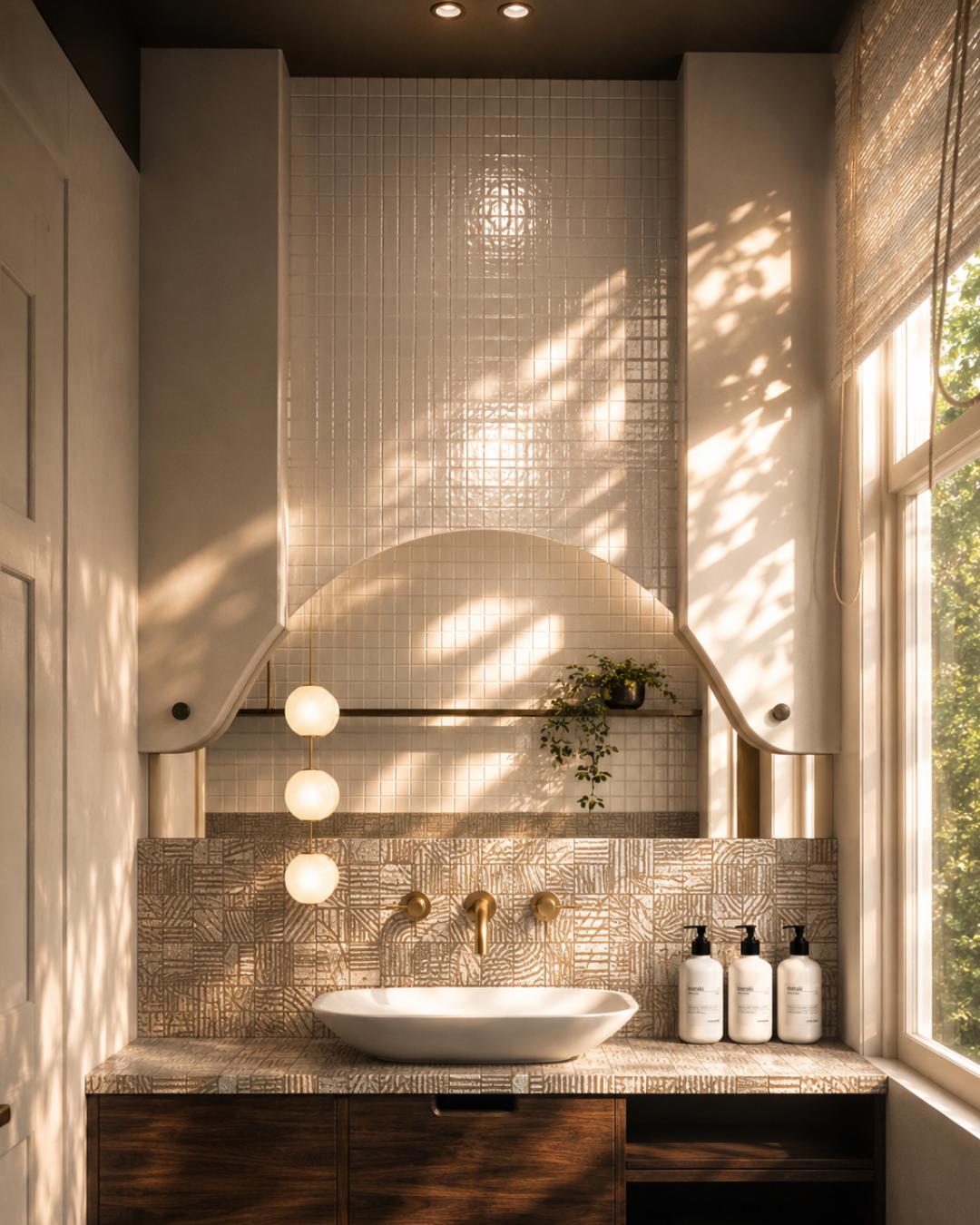 Contemporary bathroom design featuring warm timber cabinetry, textured stone surfaces, soft architectural curves and natural daylight by Pinterior.space.