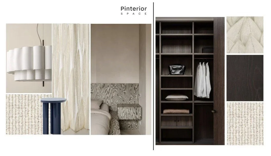 Interior design concept board — soft furnishing combinations with cushions, throws, and window treatments for Cambridgeshire homes.