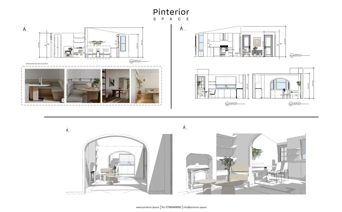 Architectural sections and 3D model showing spatial layout, furniture, and lighting strategy for Mawson Road Cambridge home