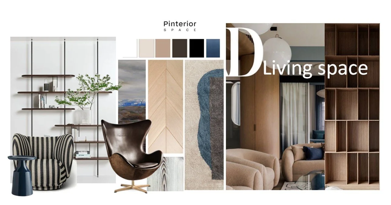 Cambridge interior design concept board — Scandinavian Japanese fusion for open-plan living and kitchen with natural textures and muted tones.