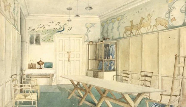 Watercolour of an Arts and Crafts interior featuring hand-painted murals, wooden furniture and decorative ceramics, reflecting the movement’s blend of utility and artistic expression