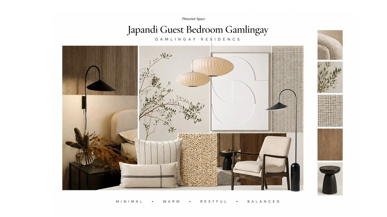 Japandi guest bedroom design concept in Gamlingay featuring natural textures, warm wood tones, sculptural lighting and soft neutral palette