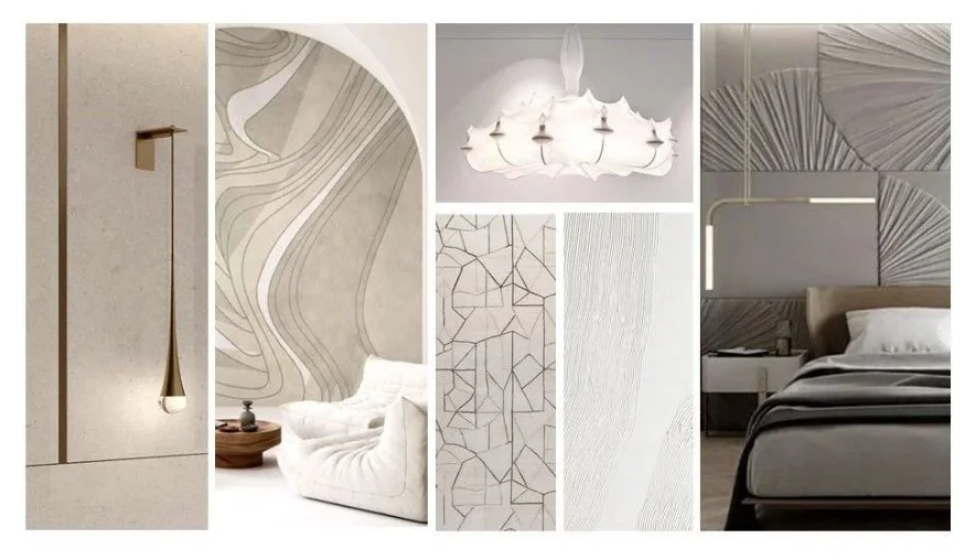 Interior design collage for a Cambridgeshire bedroom concept featuring sculptural lighting, abstract wall art, and textured wall finishes — curated by Pinterior SPACE to evoke poetic calm and light contemporary modern style.